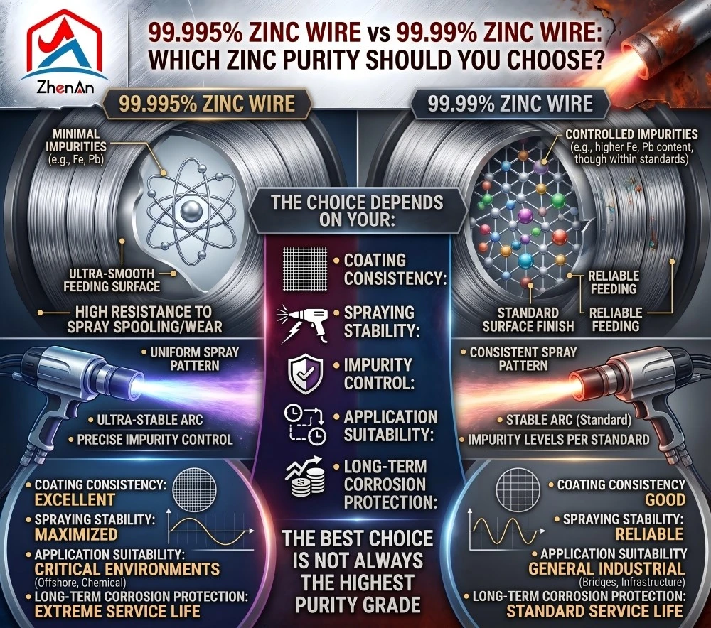 When purchasing zinc wire for thermal spraying many buyers compare 99995 zinc wire and 9999 zinc wire When purchasing zinc wire for thermal spraying many buyers compare 99995 zinc wire and 9999 zinc wire